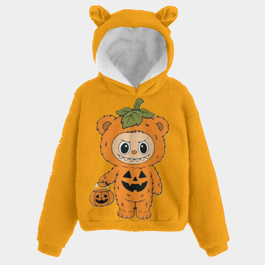Yellow hoodie with a cartoon pumpkin design on a white background
