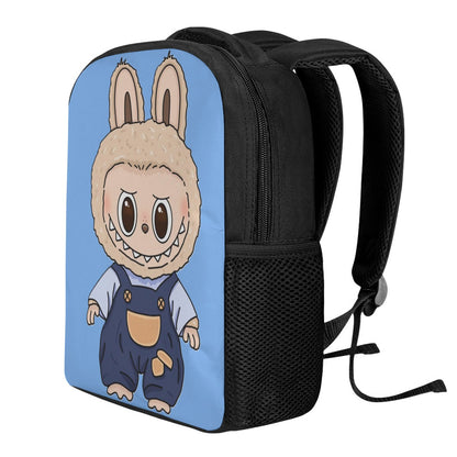 Black backpack with a cartoon character on a blue background