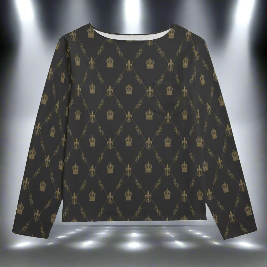 Black long-sleeve shirt with gold crown pattern on a white background