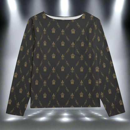 Black long-sleeve shirt with gold crown pattern on a white background