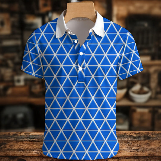 Blue geometric patterned polo shirt on a wooden hanger with a blurred indoor background
