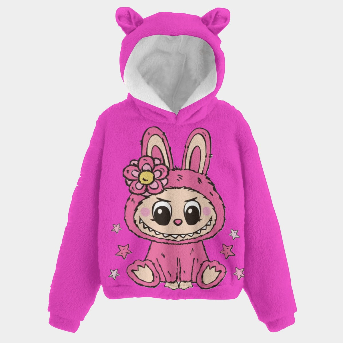 Pink hoodie with cartoon bunny design on a white background