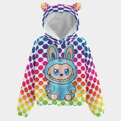 💙 Cozy Meets Color Pop with the Blue Labubu Rainbow Polka Dot Kid’s Borg Fleece Hoodie With Ears