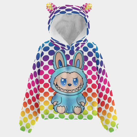 💙 Cozy Meets Color Pop with the Blue Labubu Rainbow Polka Dot Kid’s Borg Fleece Hoodie With Ears