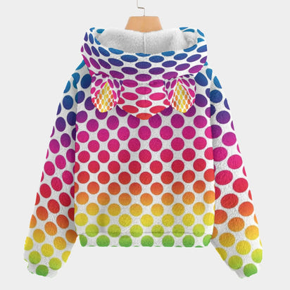 💙 Cozy Meets Color Pop with the Blue Labubu Rainbow Polka Dot Kid’s Borg Fleece Hoodie With Ears