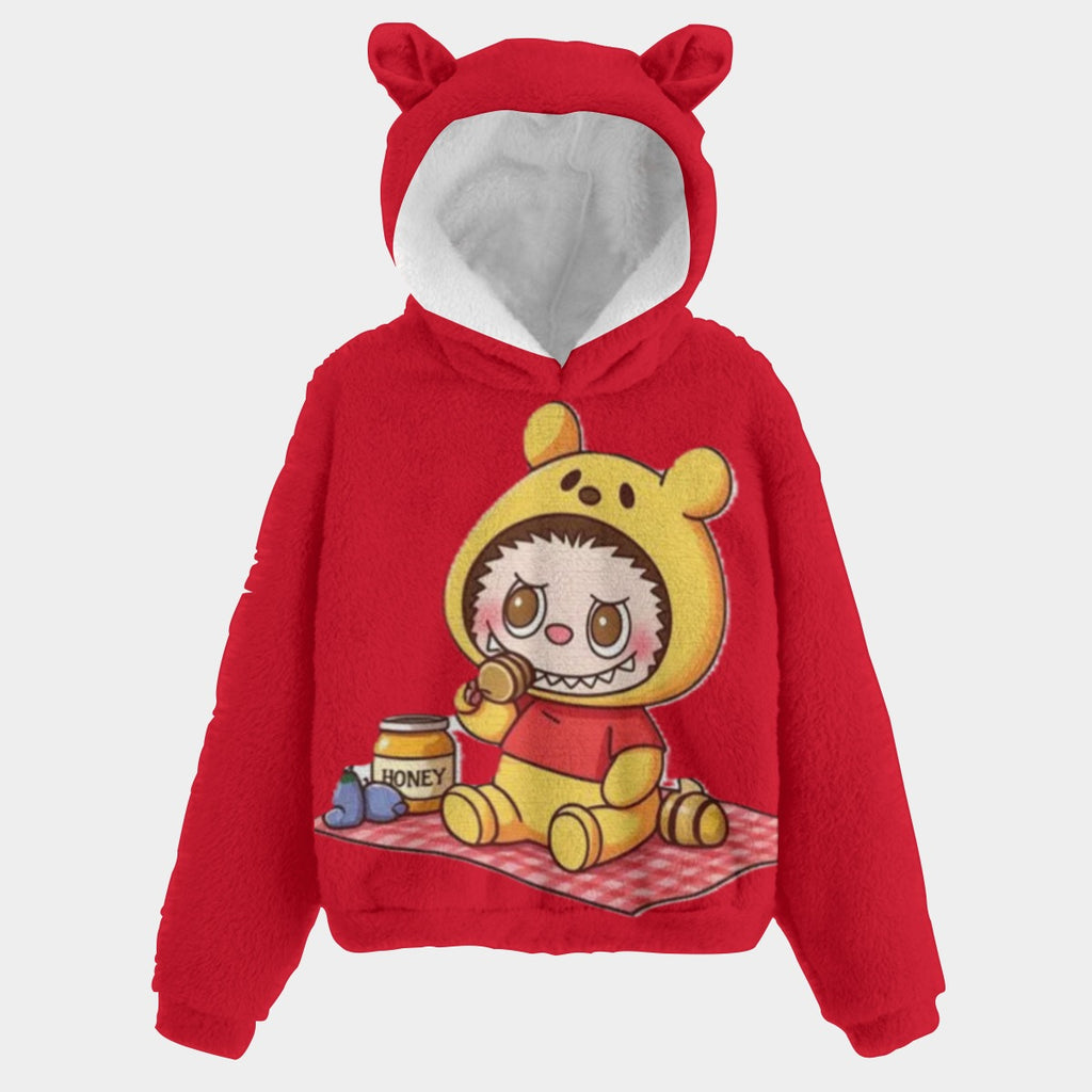 Red hoodie with cartoon character design on a white background