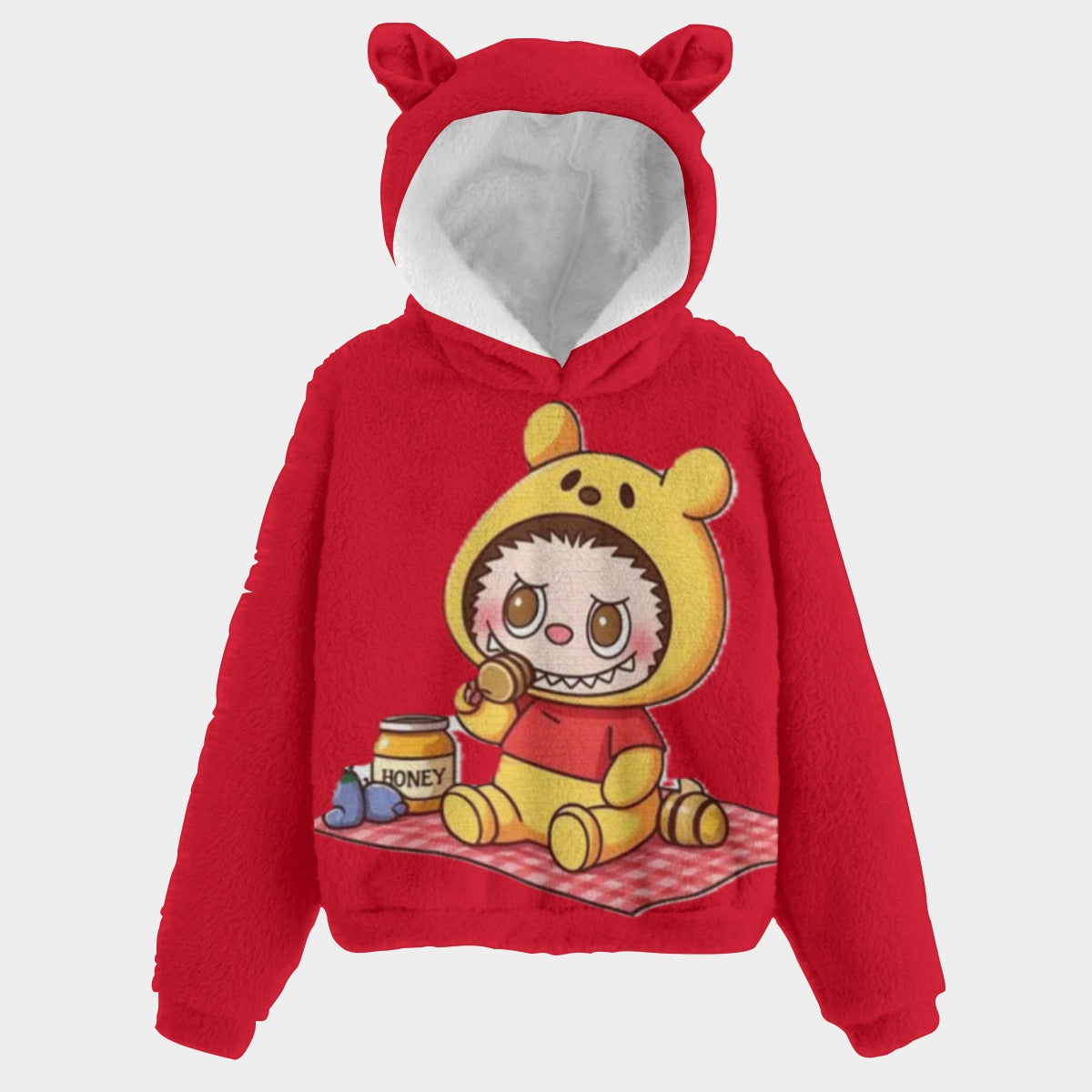 Red hoodie with cartoon character design on a white background