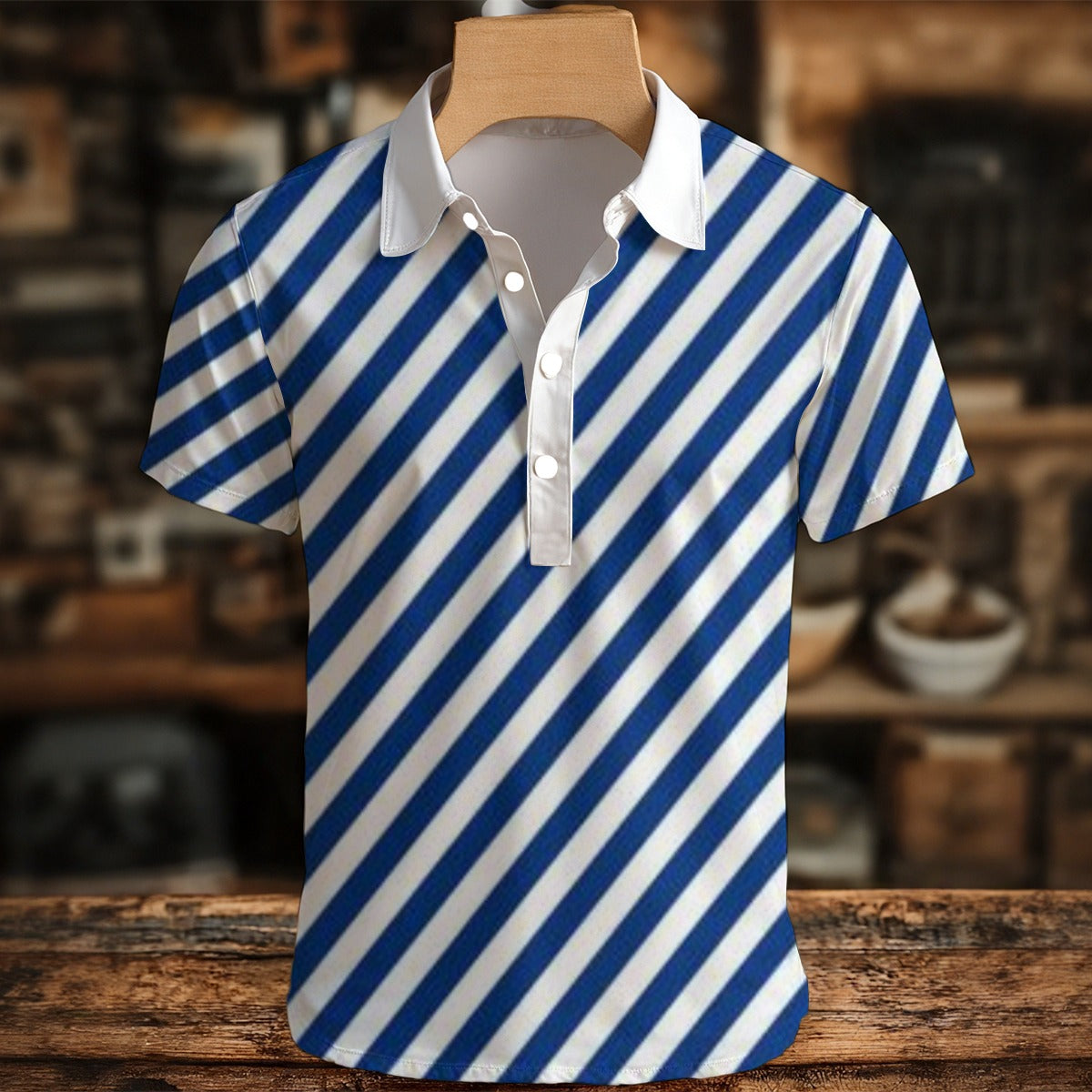 Blue and white striped polo shirt on a wooden mannequin against a blurred indoor background