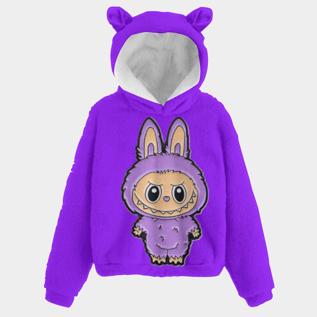 Purple hoodie with cartoon character on a white background