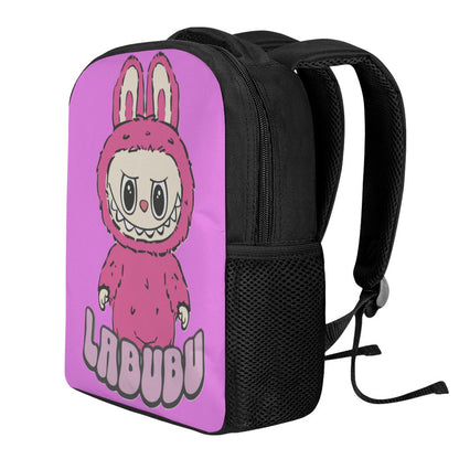 Black backpack with a pink character design and 'LABUBU' text on a white background