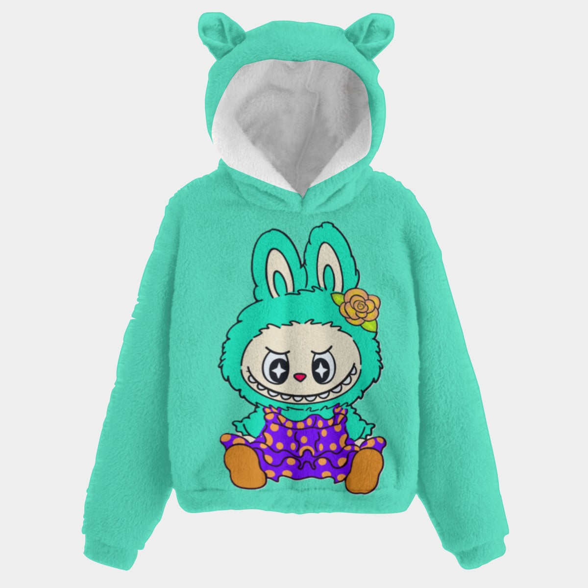 Teal hoodie with cartoon character on a light gray background