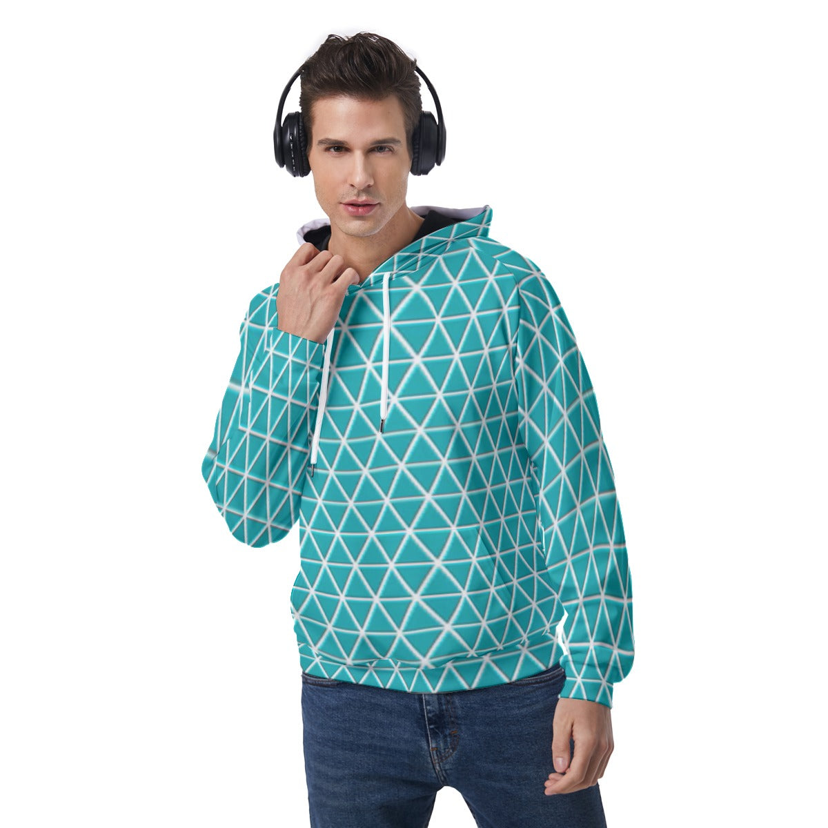 KSC's Exclusive Men's Teal Triangle Geometric Raglan Pullover Hoodie