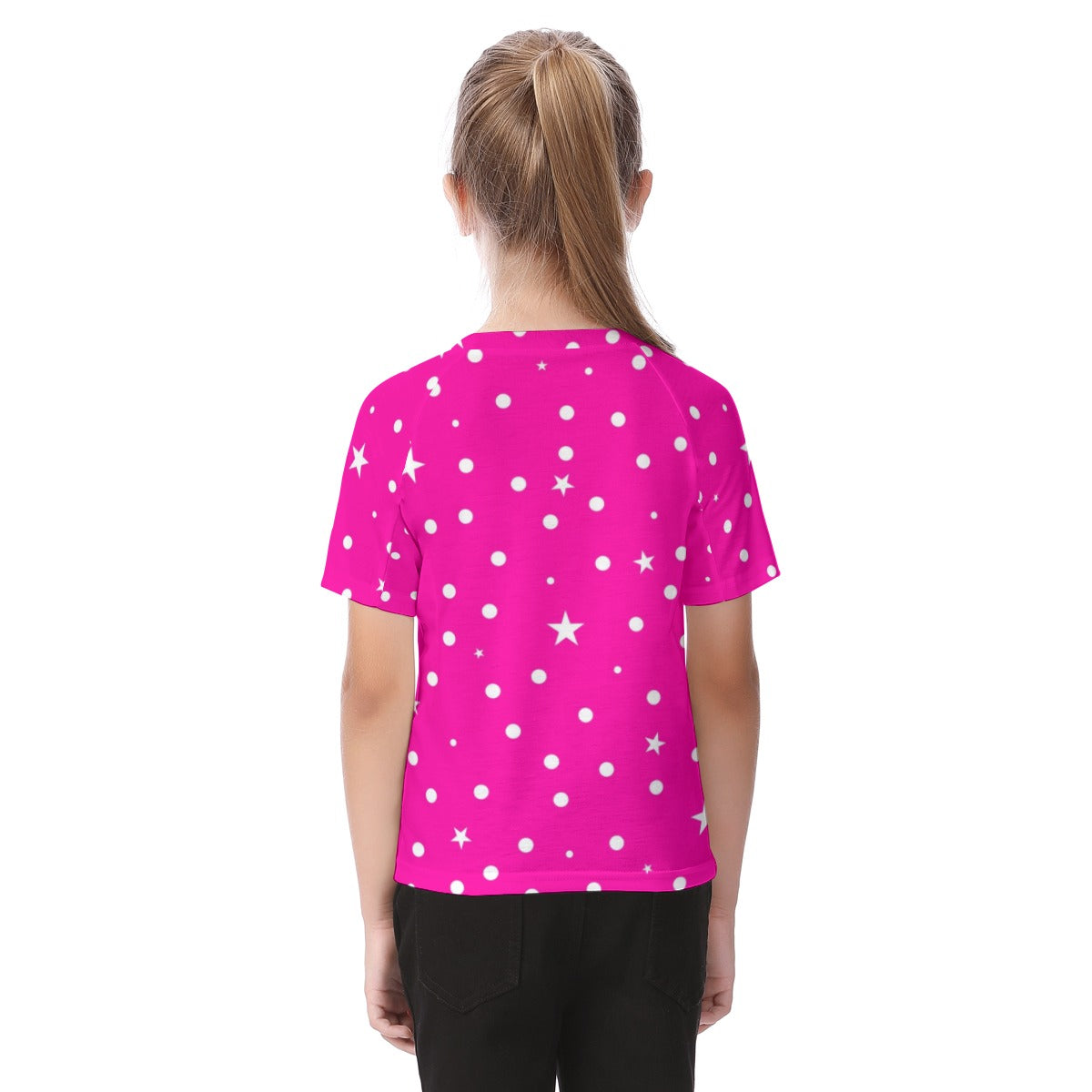 New Hot Pink Girls Polka Dot & Star Dot  Kid's Raglan Sleeve T-shirt