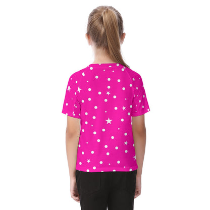 New Hot Pink Girls Polka Dot & Star Dot  Kid's Raglan Sleeve T-shirt