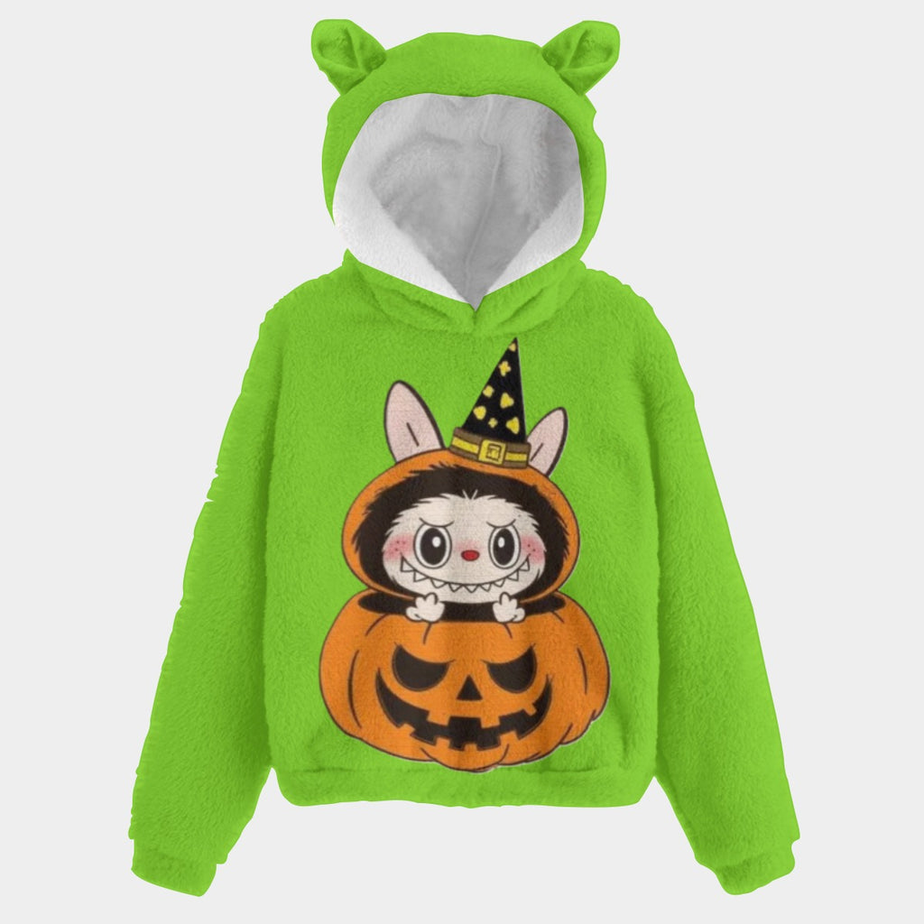 Green hoodie with a Halloween-themed design on a light gray background
