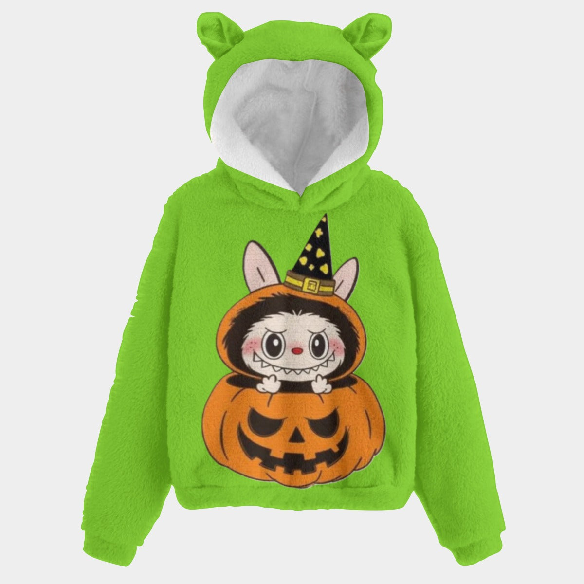 Green hoodie with a Halloween-themed design on a light gray background