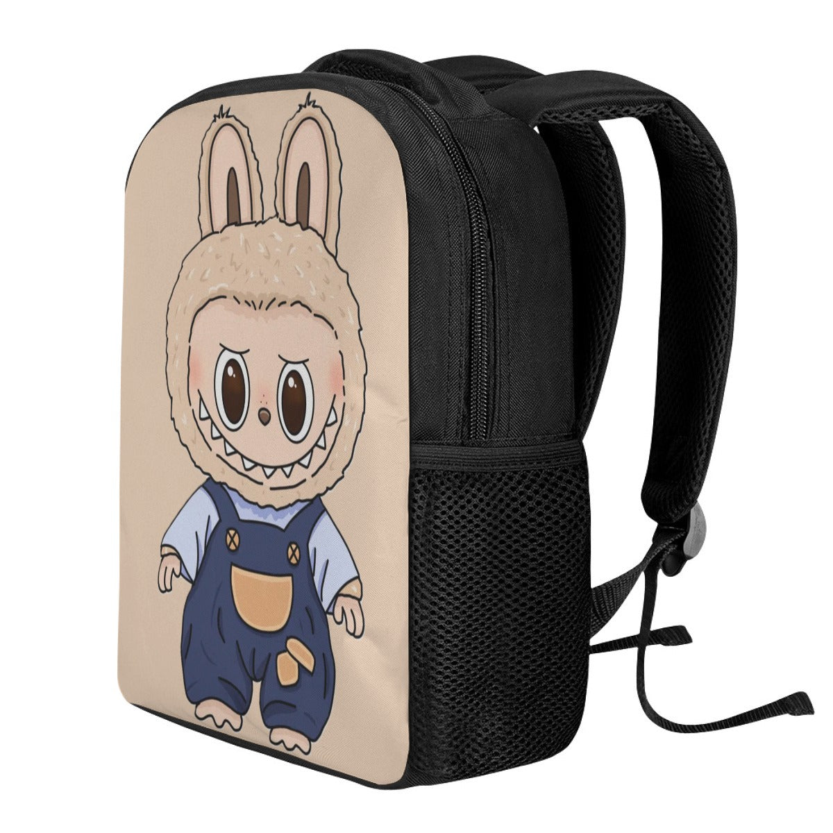 Black backpack with a cartoon character on a beige panel