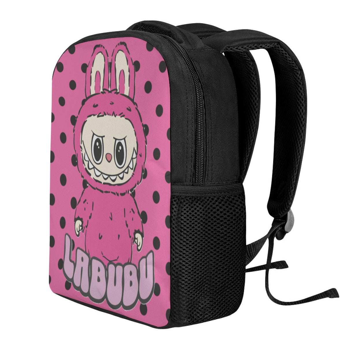 Black backpack with a pink character design on a white background