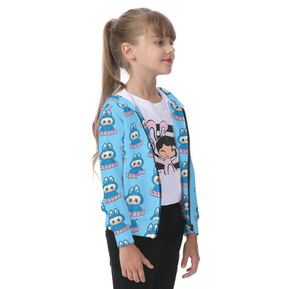 Child wearing a blue cartoon-patterned jacket on a white background