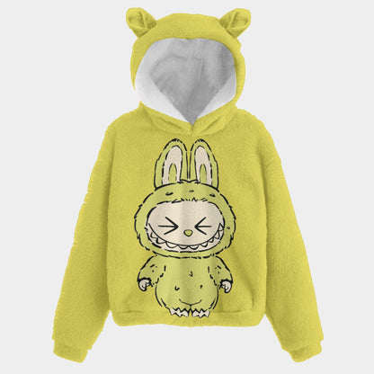 Yellow hoodie with cartoon character design on a white background