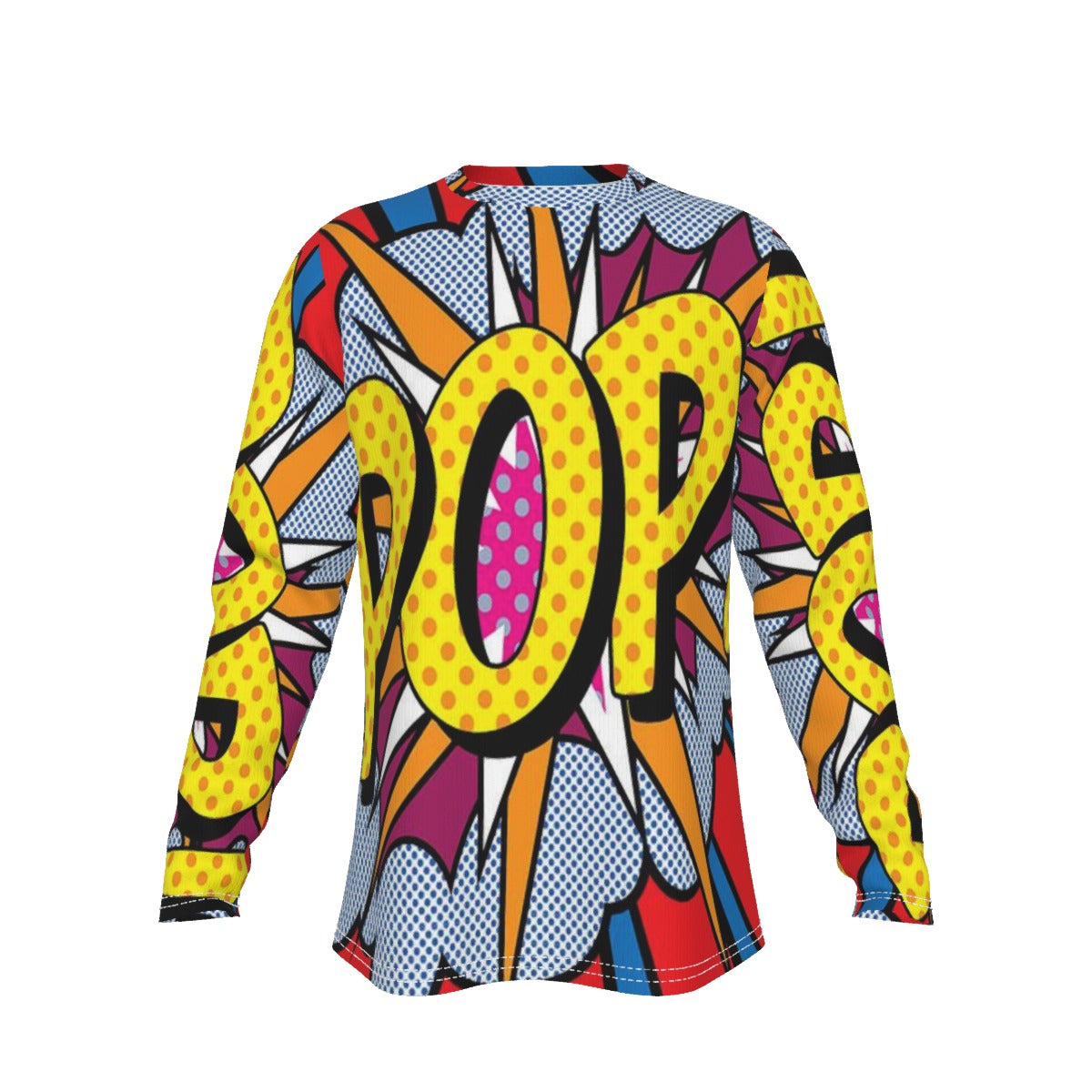 Colorful long-sleeve shirt with 'POP' design on a white background