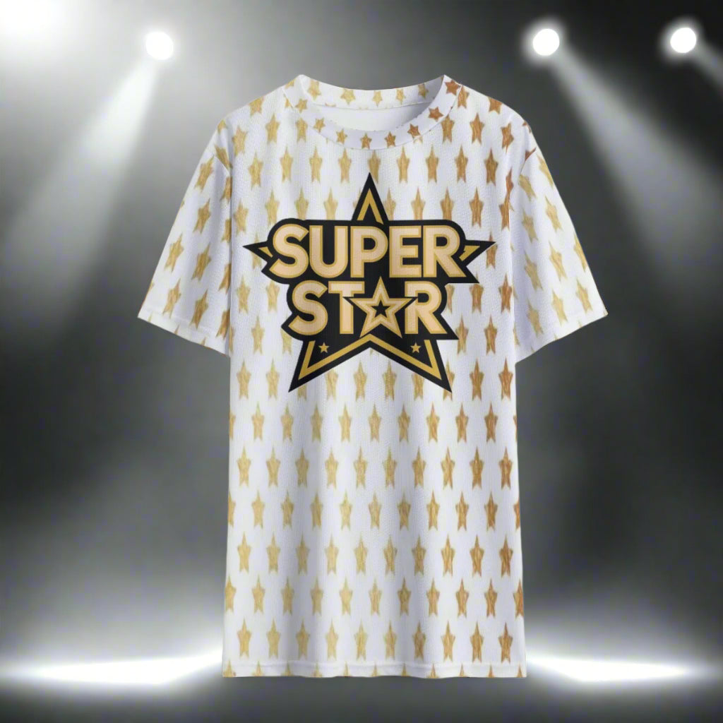 White t-shirt with gold star pattern and 'Super Star' text on a white background