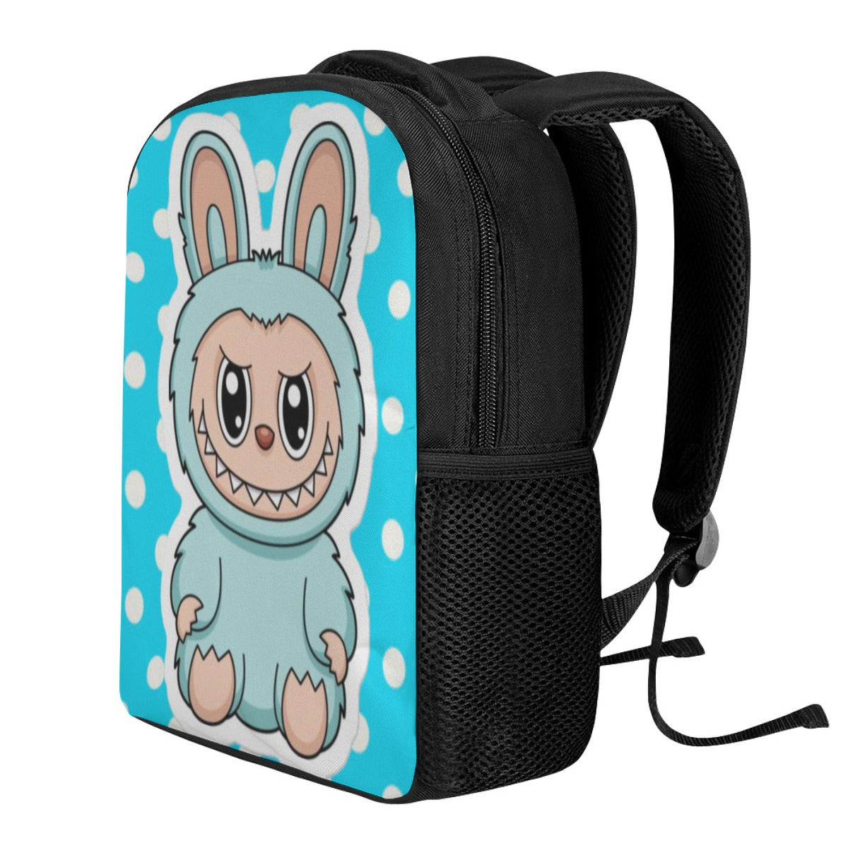 Black backpack with a cartoon character on a blue polka dot background