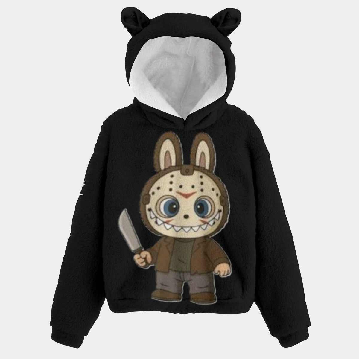 Black hoodie with cartoon character design on a light gray background