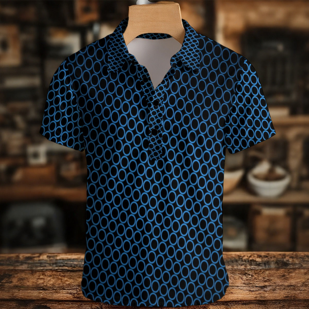 Blue patterned shirt on a wooden hanger against a blurred background