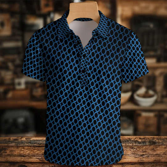 Blue patterned shirt on a wooden hanger against a blurred background