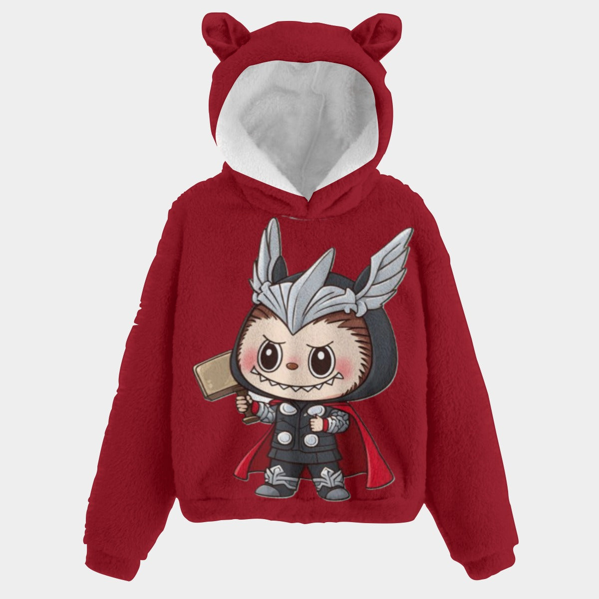 Red hoodie with cartoon character design on a white background