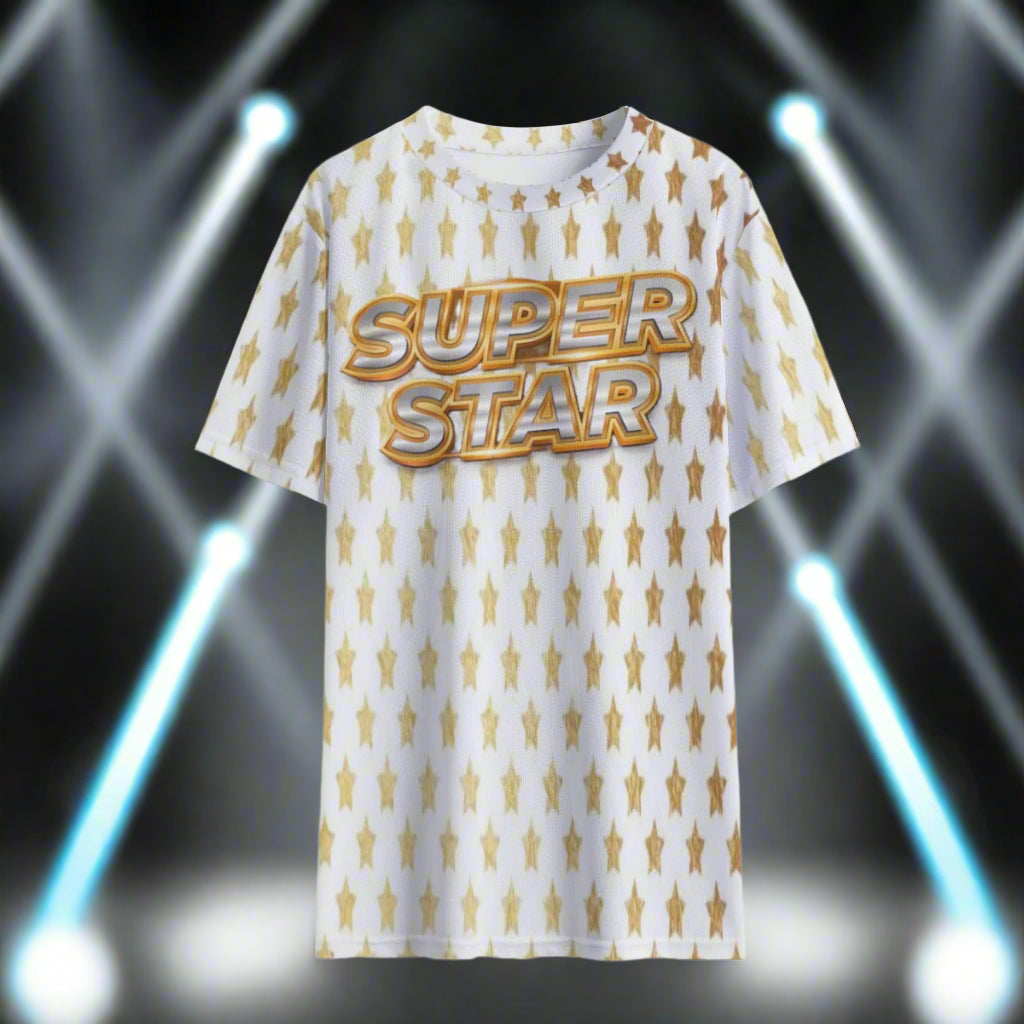 White t-shirt with gold star pattern and 'SUPER STAR' text on a white background