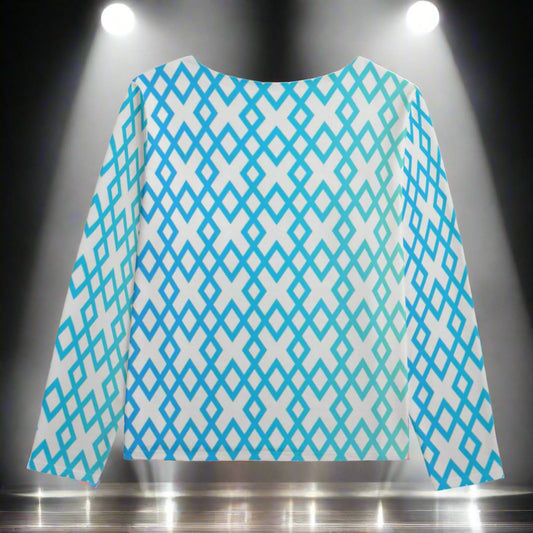 Blue and white patterned top on a white background