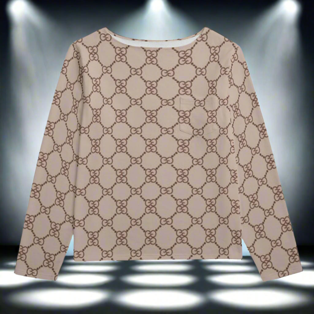 Beige long-sleeve shirt with a geometric pattern on a white background