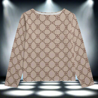 Beige long-sleeve shirt with a geometric pattern on a white background