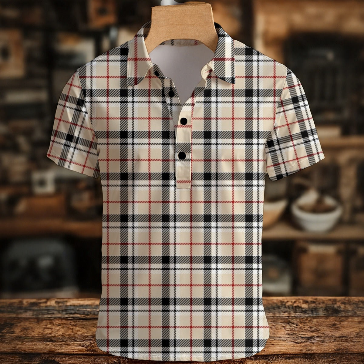 Plaid shirt on a mannequin against a blurred indoor background