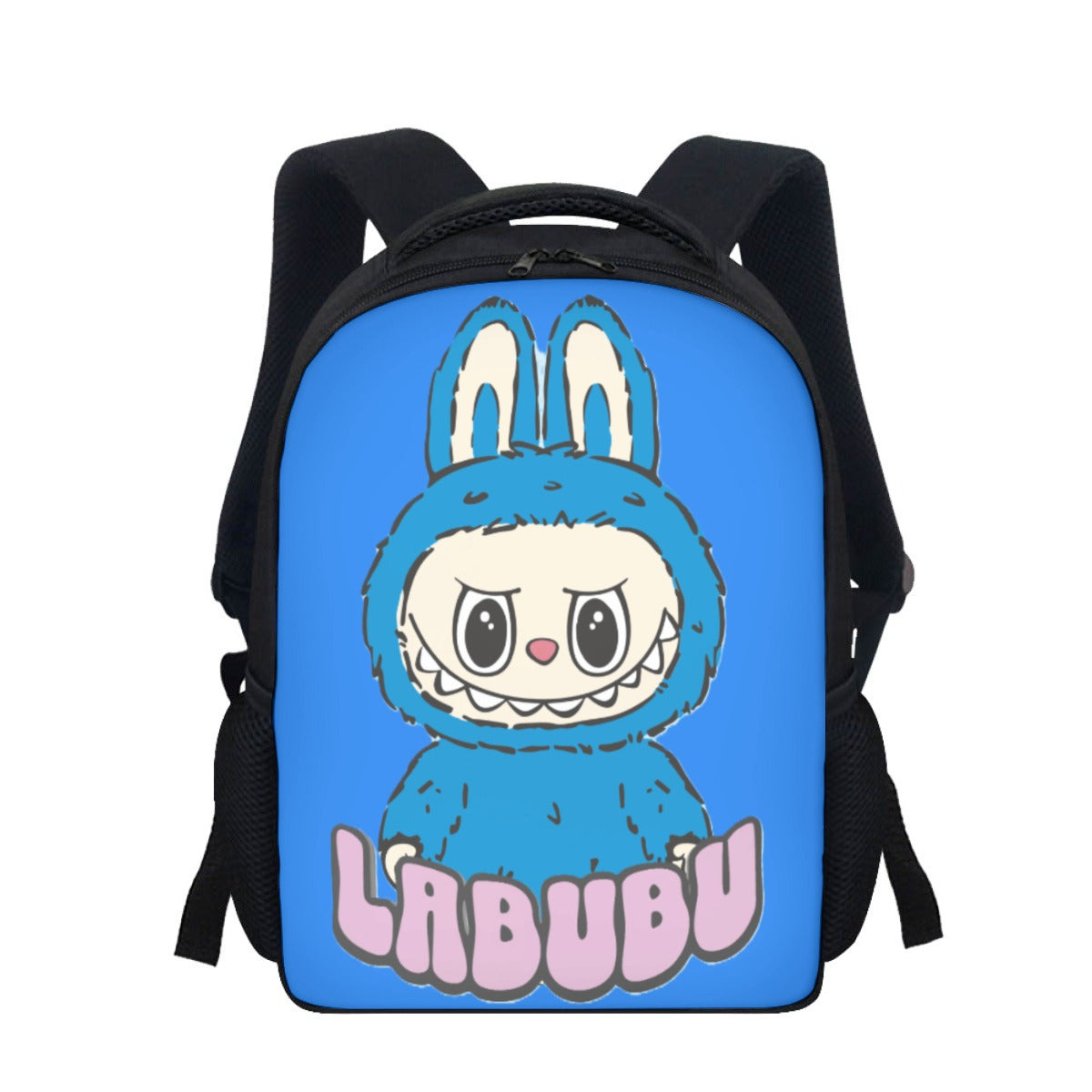 Backpack with a cartoon character and 'LABUBU' branding on a blue background