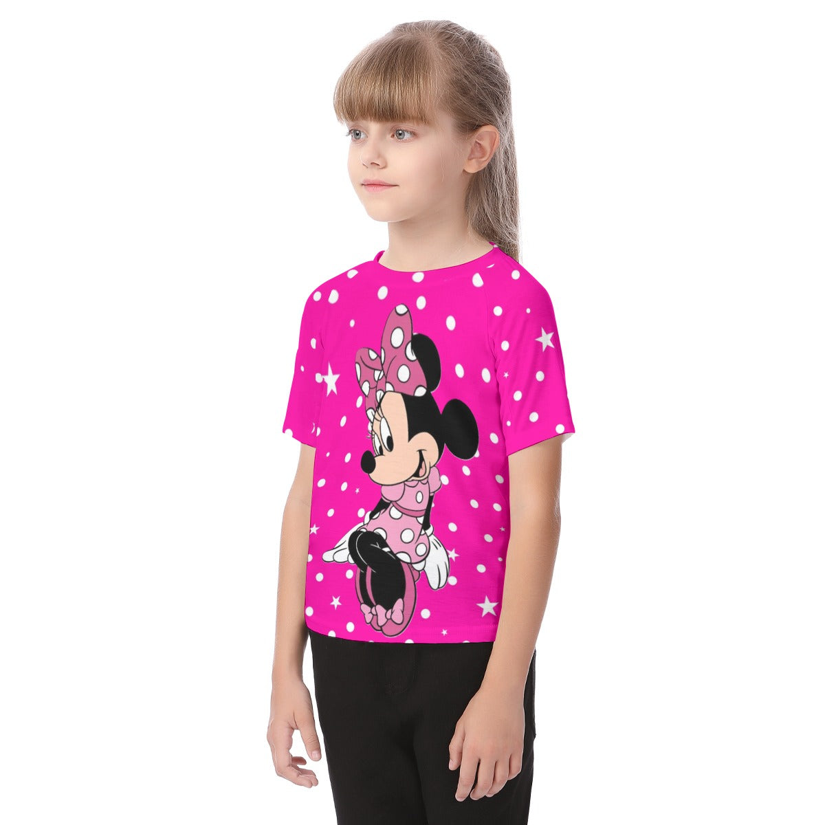 New Hot Pink White Polka & Star Dot Minnie Kid's Raglan Sleeve T-shirt