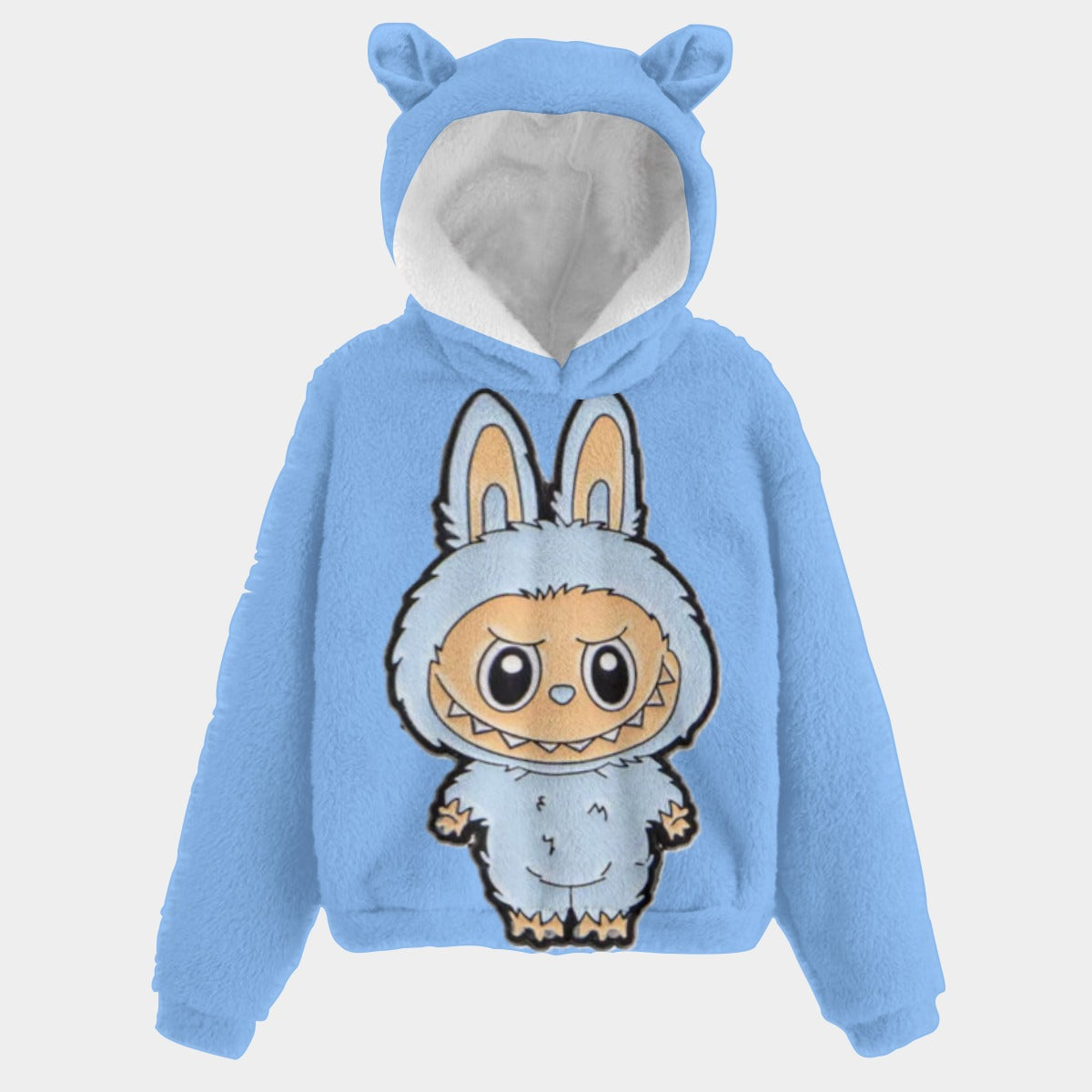 Blue hoodie with cartoon character on a light gray background