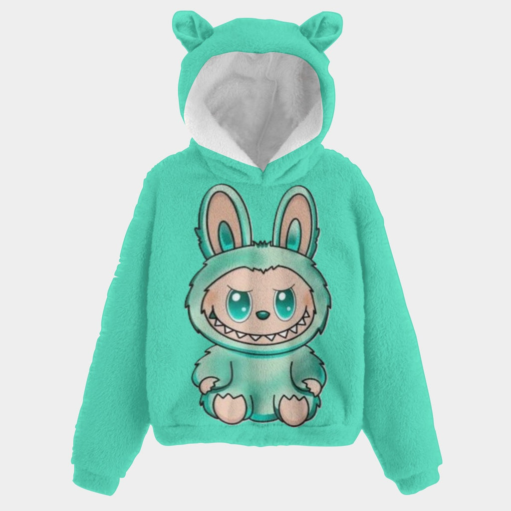 Teal hoodie with cartoon character on a light gray background
