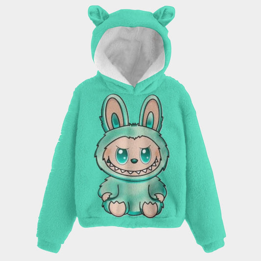 Teal hoodie with cartoon character on a light gray background