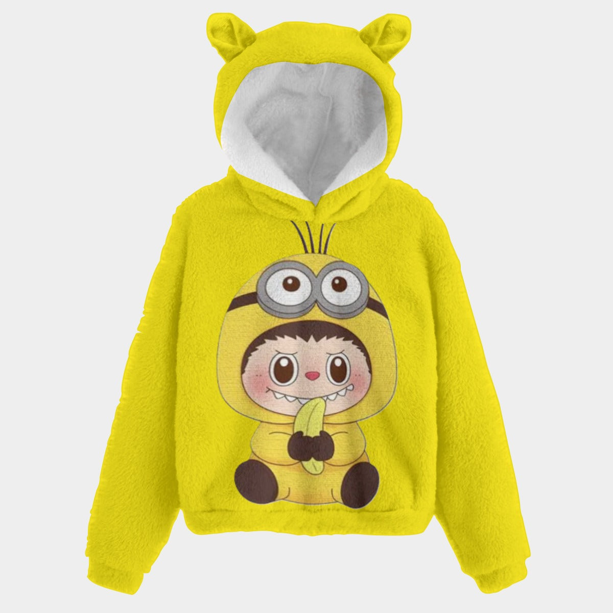 Yellow hoodie with cartoon character on a light gray background