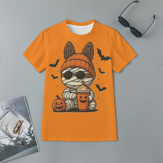 Orange t-shirt with a Halloween-themed design of a mummy dog holding a cup on a gray background.