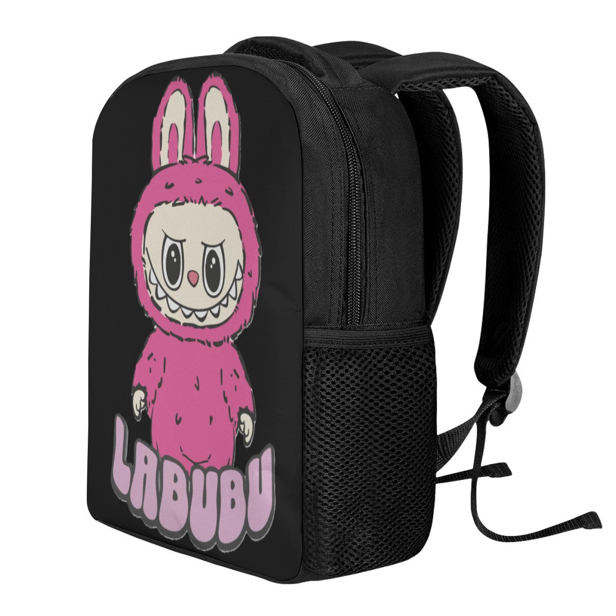 Black backpack with a pink character and 'LABUBU' text on a white background