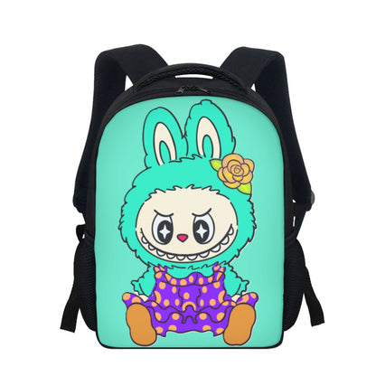Backpack with a cartoon character on a turquoise background