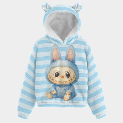 💙Cutey Blue Labubu™ Stripe Snuggle Hoodie – Fleece Ears Edition for Kids -Cutey Blue Labubu Blue Stripe Kid’s Borg Fleece Sweatshirt With Ear