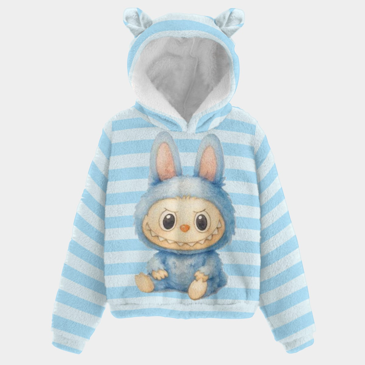 💙Cutey Blue Labubu™ Stripe Snuggle Hoodie – Fleece Ears Edition for Kids -Cutey Blue Labubu Blue Stripe Kid’s Borg Fleece Sweatshirt With Ear