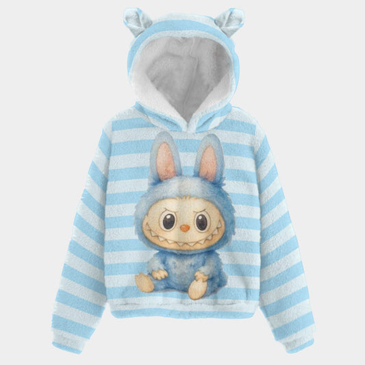 💙Cutey Blue Labubu™ Stripe Snuggle Hoodie – Fleece Ears Edition for Kids -Cutey Blue Labubu Blue Stripe Kid’s Borg Fleece Sweatshirt With Ear