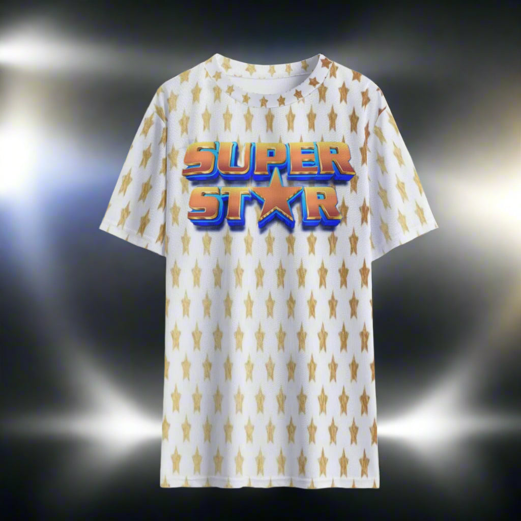White t-shirt with gold star pattern and 'Super Star' text on a white background