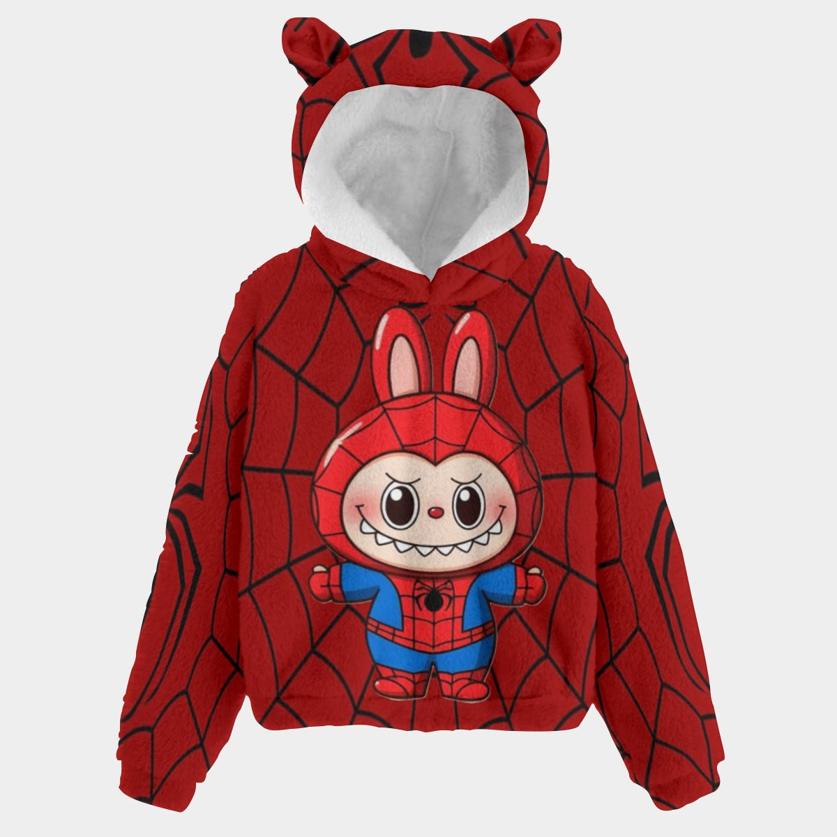Spiderman Labubu Kid’s Borg Fleece Hoodie With Ears